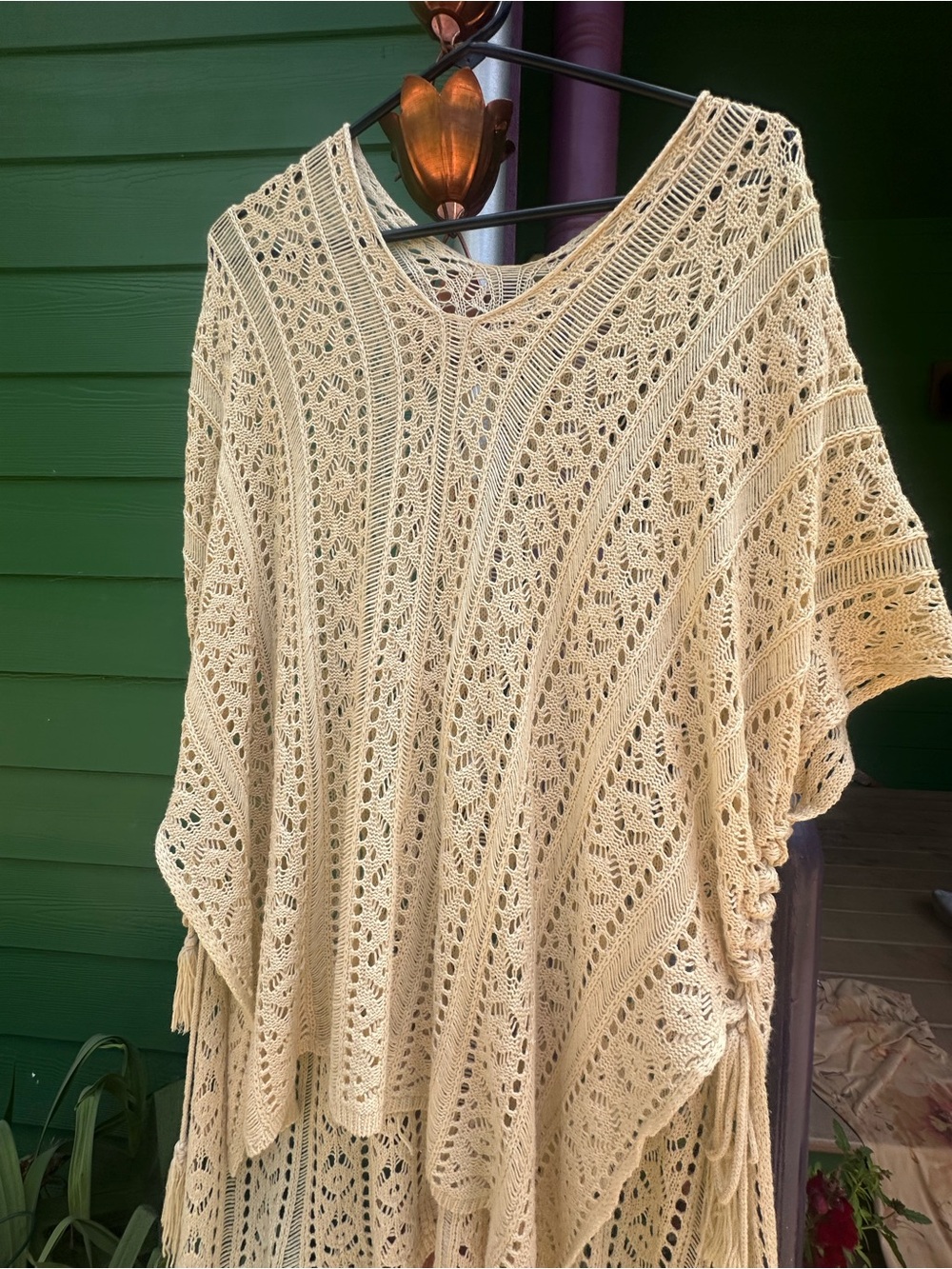 Crochet Knit Fringe Poncho Sweater in Cream
